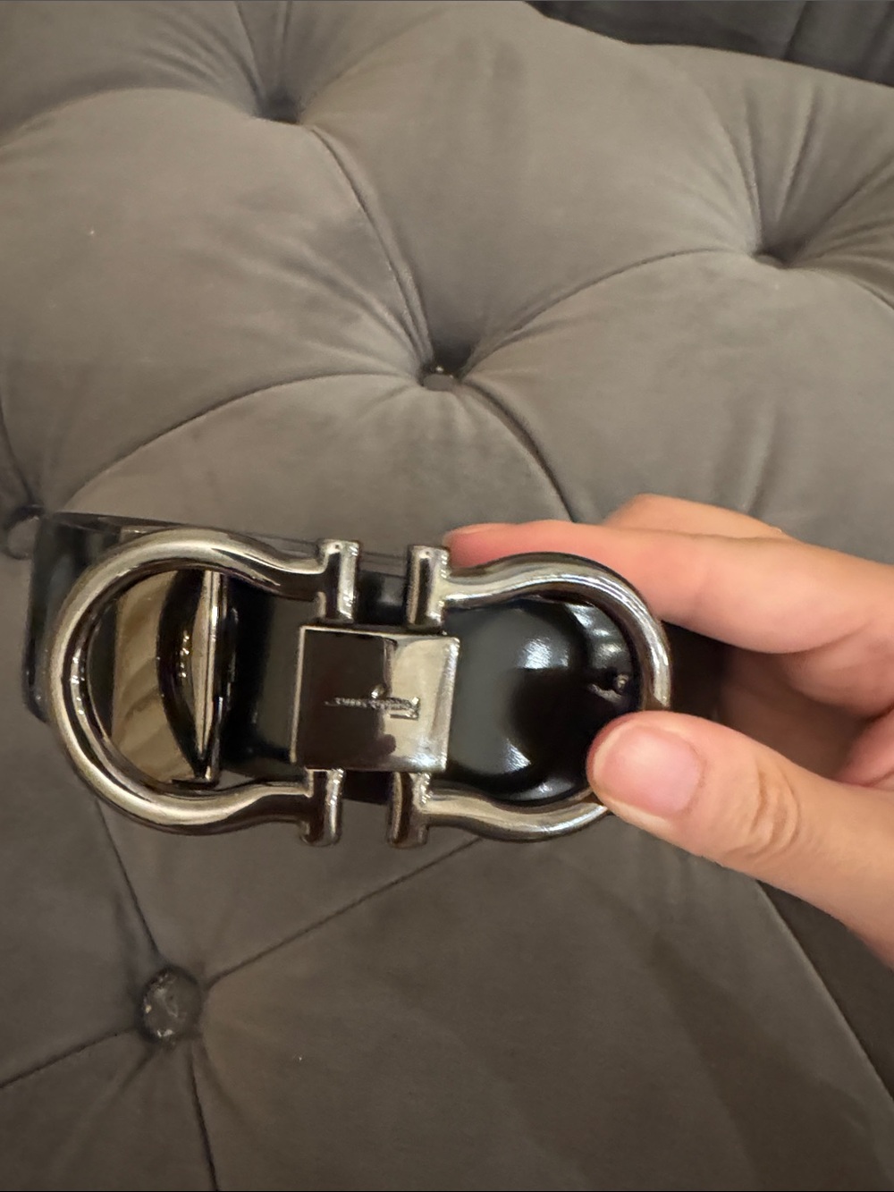 Salvatore Ferragamo Black Patent Belt with Silver Double Gancio Buckle